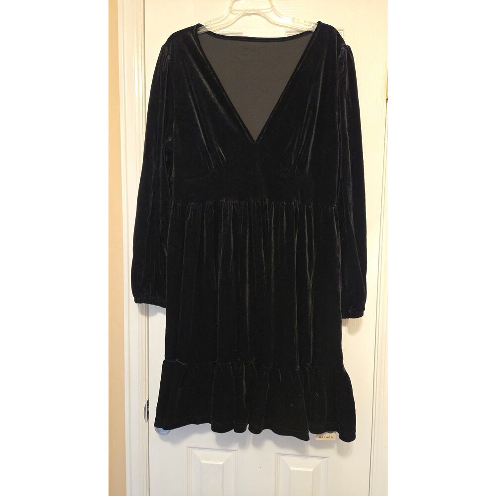 Sz 2X HALARA Black Deep V-Neck Long Sleeve Ruffled Hem Velvet Mini Dress